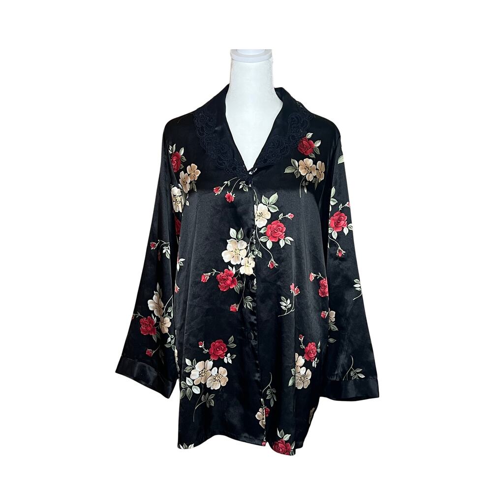 Vintage 90s Adonna Satin Pajama Top M Floral Lace Collar Feminine Romantic Moody